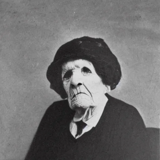 Prompt: black and white grainy newspaper photo from 1898 of an old scary lady in black suit