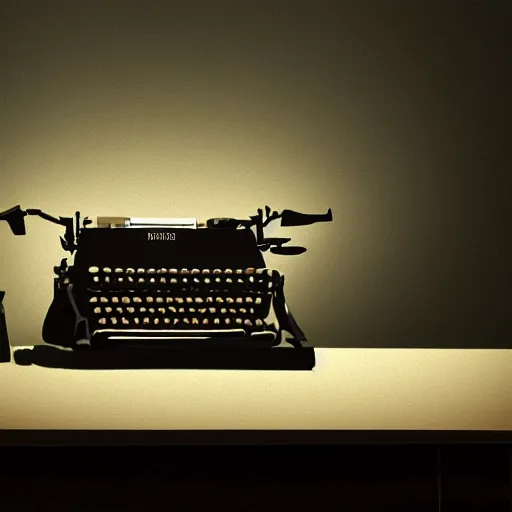 Image similar to painting of a typewriter on a desk in a dimly lit room, volumetric lighting, style of greg rutkowski