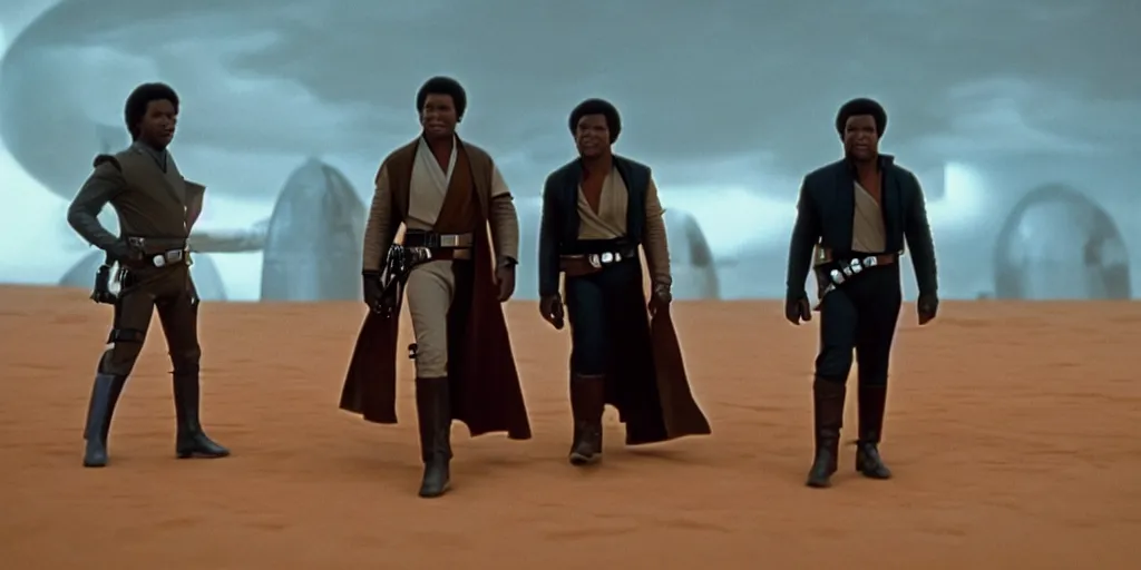 Image similar to screenshot of portrait Han Solo, Lando Calrissian and Luke Skywalker standing on an surreal minimalist a planet of maelstrom, the world without form, 1970s film by Stanley Kubrick, iconic scene, stunning cinematography, octane render, hyper-detailed, sharp, anamorphic lenses, kodak color, 4k, stunning