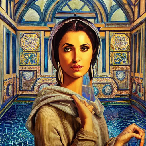 Image similar to detailed face of an arabic woman, opulent courtyard, moment, tectonic sky, skydome, reactor, utopian, tech noir, wet reflections, prism, atmospheric, ambient, pj crook, syd mead, livia prima, artgerm, greg rutkowski, nick alm, casey baugh