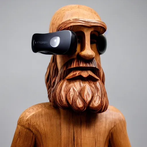 Image similar to wooden sculpture of a bearded viking wearing a vr headset, polished maple, thoughtful, elegant, real