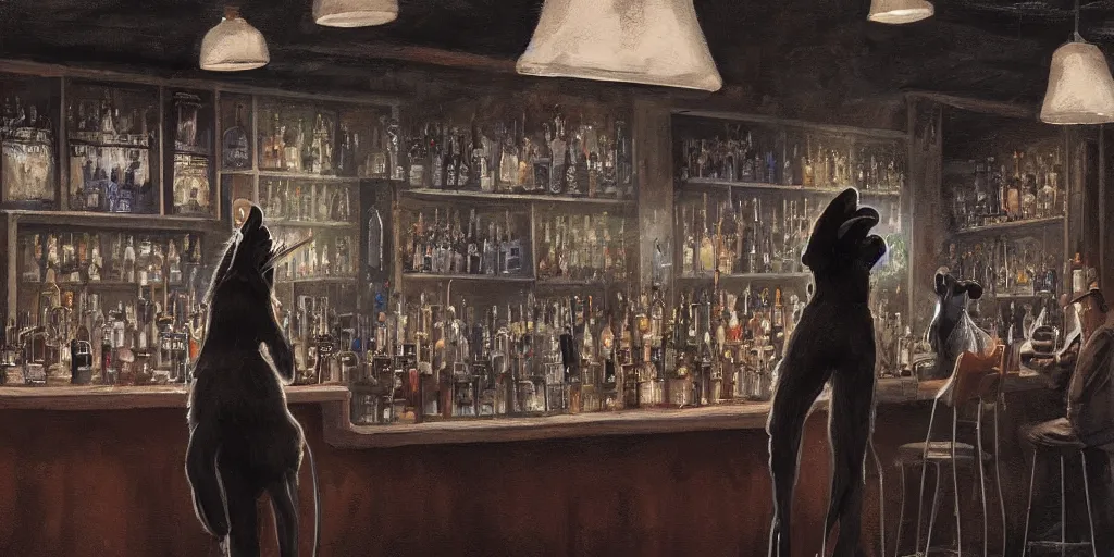 Prompt: a biped female rat is working at the bar of a 4 0 s jazz club, warm color palette, night time, dramatic lighting, noir film, character sheet, fine details, high contrast, blacksad, kim jung gi, greg rutkowski, trending on artstation, 8 k, front view, back view, ultra wide angle