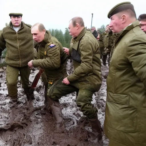 Prompt: Russian army infantry soldiers, with Vladimir Putin, stuck in mud, dirty, despair, raining