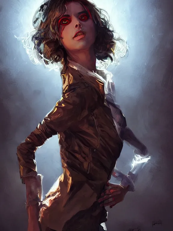 Image similar to digital illustration of a girl with eyes that burn like cigarettes wearing a short skirt and a long jacket with fingernails that shine like justice, dramatic lighting, photorealistic, extreme detail, 4 k, colorful, artgerm and craig mullins