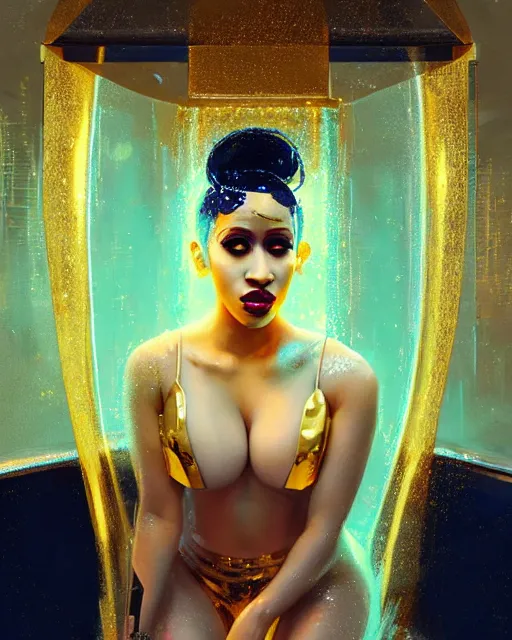 Image similar to Cardi B bathing in a gold tub, futuristic neon, decorated with traditional Japanese ornaments by Ismail inceoglu dragan bibin hans thoma greg rutkowski Alexandros Pyromallis Nekro Rene Maritte Illustrated, Perfect face, fine details, realistic shaded, fine-face, pretty face