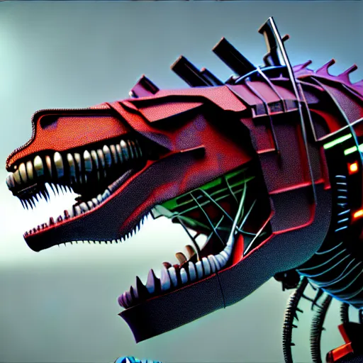 Prompt: a 3D hyperrealistic octane render illustration of a extremely detailed cyborg cyberpunk t-rex