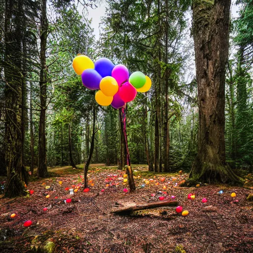 Image similar to An abandoned forest with colorful balloons, Sony a7R IV, symmetric balance, polarizing filter, Photolab, Lightroom, 4K, Dolby Vision, Photography Award