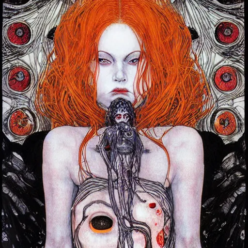 Prompt: a red haired death goddess with a symmetrical face, surrounded by darkness, by klimt, manara, hr giger, junji ito