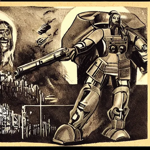 Image similar to Jesus in a mech suit fighting Hitler in a mech suit, photo