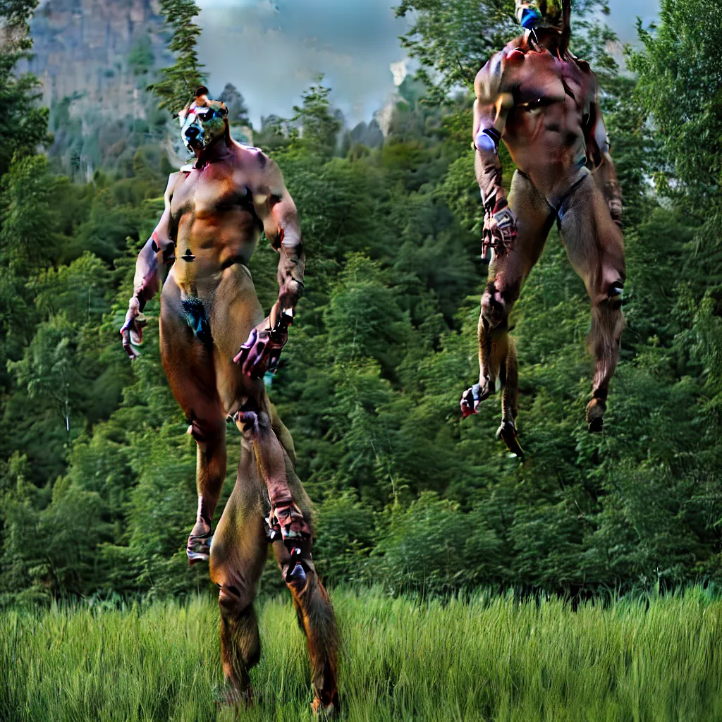 Image similar to animal human hybrid posing in a natural landscape, hyperreal 3d render, unreal engine