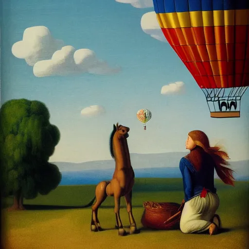 Image similar to a girl and her horse enjoy a hot-air balloon show by Raphael, Hopper, and Rene Magritte. detailed, romantic, enchanting, trending on artstation.