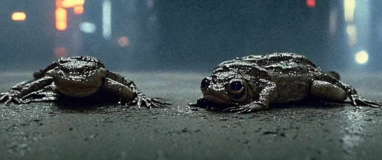 Prompt: Close up of a happy Lepidobatrachus laevis sitting on the floor and facing the camera in a still from the movie Blade Runner (1982), high quality, rain, rain drops, cold neon lighting, 4k, night, award winning photo, beautiful, cute