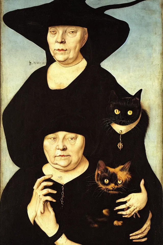 Image similar to painted portrait of a creepy witch with a fat black cat, 1 6 th century, hans holbein the younger, jan van eyck, gerit dou,