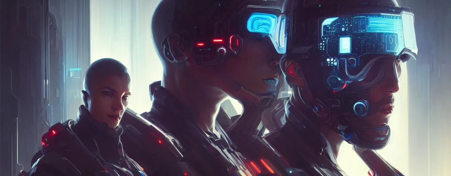 Image similar to Hacker cyberpunk man portrait, highly detailed, digital painting, artstation, concept art, smooth, sharp focus, illustration, art by artgerm and greg rutkowski and alphonse mucha