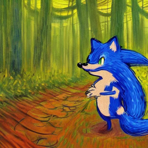 Image similar to sad painting of detailed realistic sonic the hedgehog in the woods at night, in the style of studio ghibli and moebius and claude monet and edward hopper and vincent van gogh