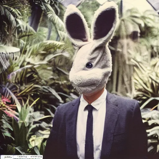 Image similar to grainy head to shoulder portrait Polaroid film photograph of a man wearing a bunny costume in a tropical greenhouse. looking at the camera!!. super resolution. Extremely detailed. Polaroid 600 film. by Annie Leibovitz and Richard Avedon