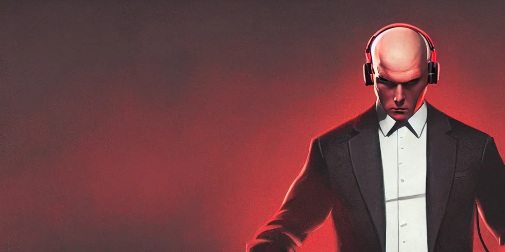 Image similar to a portrait of agent 4 7 from hitman wearing large headphones with wires in the background listening to music, dark background, red rim light, smooth, sharp focus, art by irina french