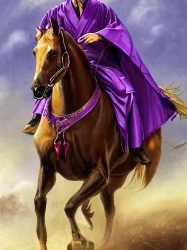 Image similar to a handsome man weaing a purple silk robe, happy and disarmed, laurels of glory, returns to home triunphantly mounted in a horse. full of pride. victorirous. prideful.. intricate, elegant, highly detailed, digital painting, artstation, concept art, sharp focus, illustration, by justin gerard and artgerm, 8 k