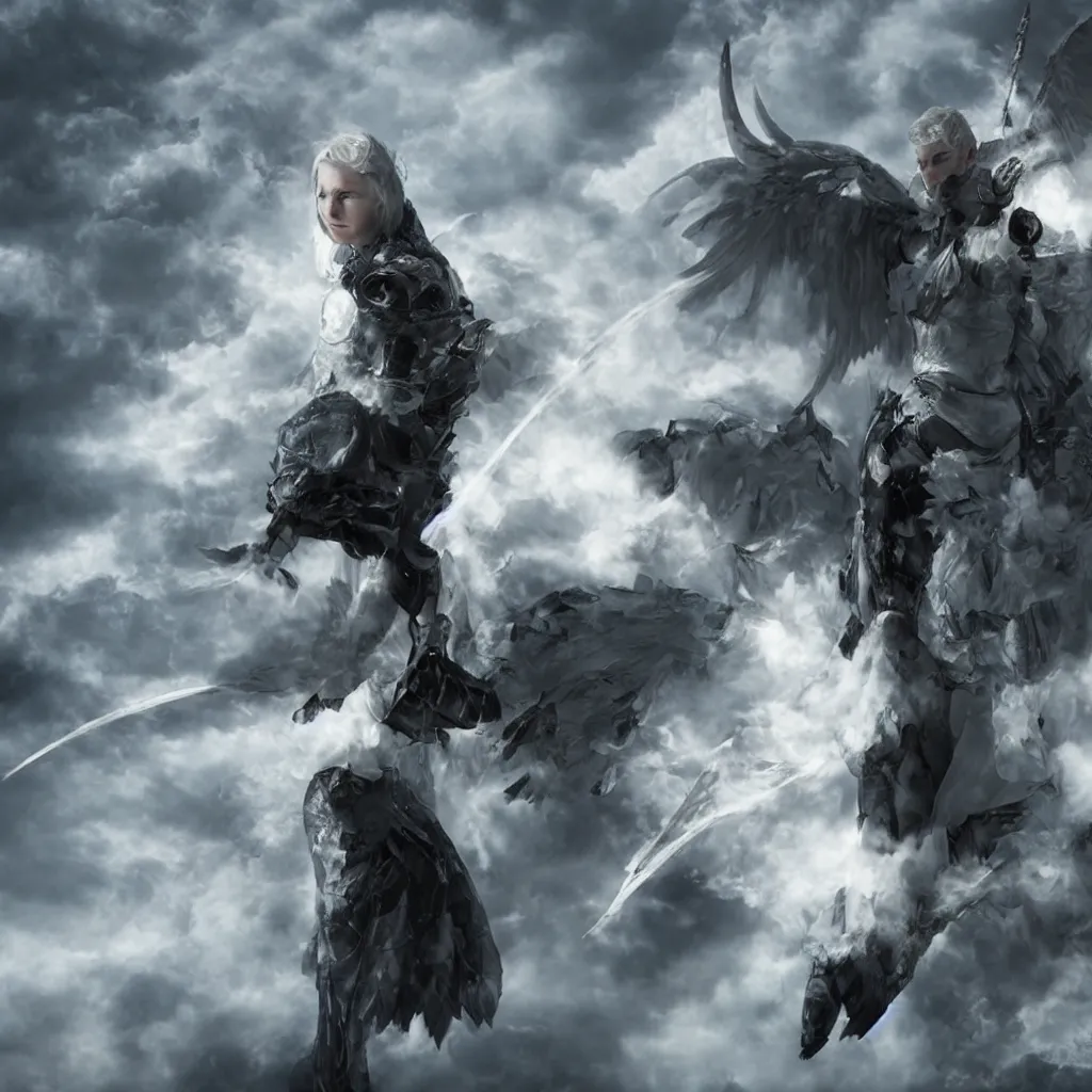 Image similar to a powerful menacing angel in focus with huge white wings, white hair, pale skin, knighted armor and sword levitating and surrounded by a cloud of black smoke. ultra - realistic, 8 k, detailed.