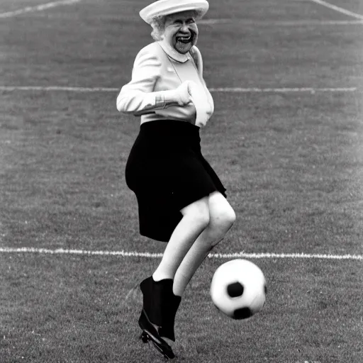 Image similar to queen elizabeth laughing while kicking a soccer ball,