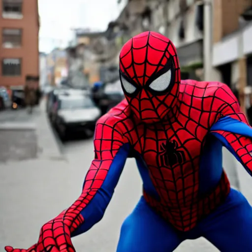 Prompt: Peruvian man wearing Spiderman suit from neck down, uncovered face