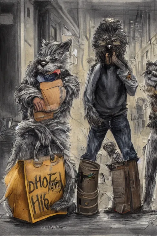Prompt: hobo human artist drawing furries for booze, dirty street. symmetry, awesome exposition, very detailed, highly accurate, intricate, professional lighting diffracted lightrays, studio photo, 8 k, sense of awe, news broadcast screencapture