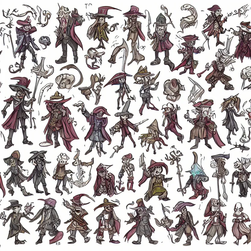 Image similar to set of characters'sprites, containing a cute wizard and skeleton enemies of different magic types, colored lineart from