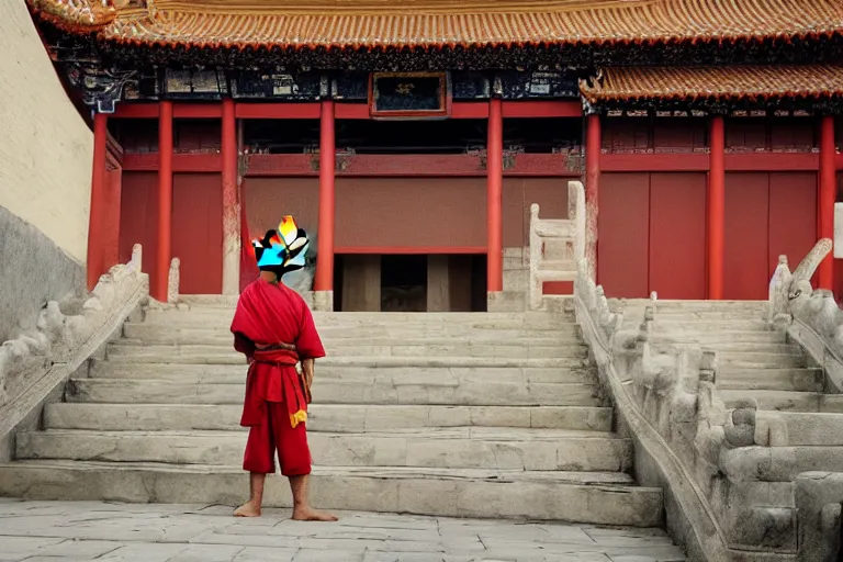 Image similar to A MONKEY dressed as a shaolin monk, standing in front of an ancient chinese palace, cinematic lighting, artstation, greg rutkowski