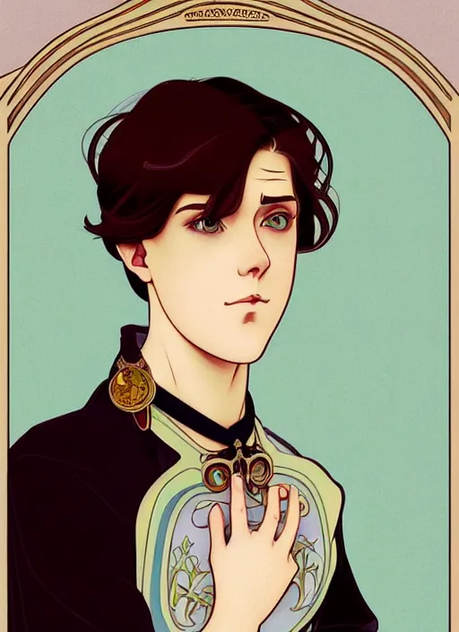 Image similar to art nouveau portrait of a pretty young man with short blond hair, light blue eyes, sad expression, scared, head down, shy and demure, wearing a choker collar, natural lighting, path traced, highly detailed, high quality, cartoon, digital painting, by don bluth and ross tran and studio ghibli and alphonse mucha