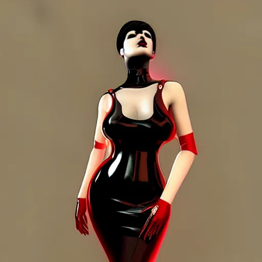 Image similar to a feminine curvy pale young hot goth cutie wearing a red-silver-gold-black latex-nylon high-neck dress, dark eyeshadow, eyelashes, cgsociety, photorealistic, sublime-hyperadvanced-amorous ambience, 16k, smooth, sharp focus, trending on ArtStation, volumetric lighting, fully clothed, thin waist