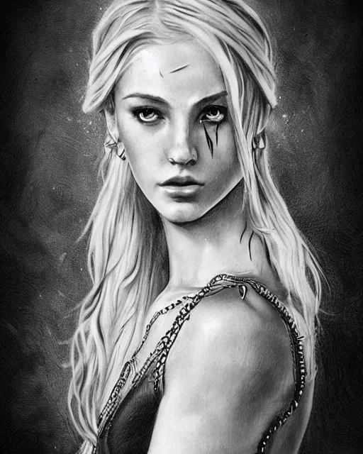 Image similar to tattoo sketch of beautiful greek goddess aphrodite with arrowhead earrings, beautiful feather jewelry, beautiful piercing eyes, flowing blonde hair, realistic face, hyper realistic, in the style of greg rutkowski, fantasy, amazing detail, epic, elegant, smooth, sharp focus, from the front