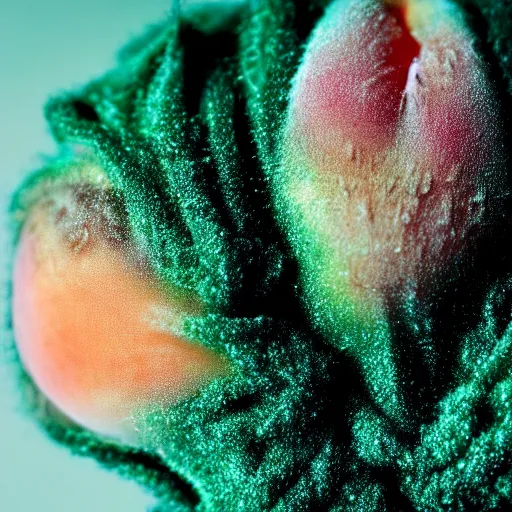 Prompt: a macro photo of a peach's dry hairy skin, form resembling female bum, hyper realistic, hyper detailed, 35mm, very grainy film, pink volumetric studio lighting, bokeh, black background award winning shot, vogue magazine, cinematic, 8k, very closeup, elegant, tender, pastel