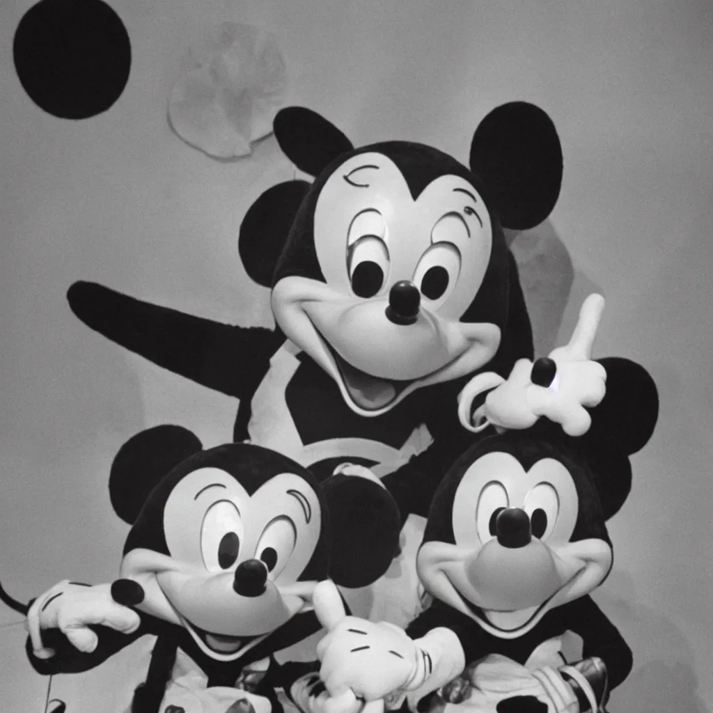 Prompt: a photograph of mickey mouse with an extra ear mutated on his back