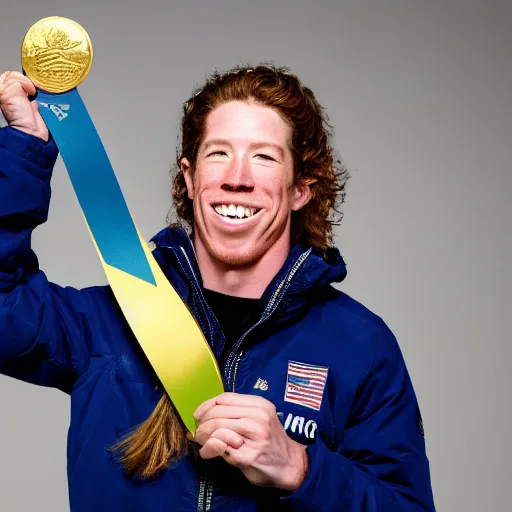 Image similar to high quality portrait of shaun white holding a gold medal with blue sky above him, rule of thirds, upper body shot, sharp focus, extremely detailed, studio photography