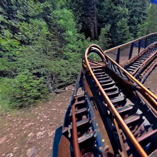 Image similar to go pro still of a rollercoaster with a mangled track up ahead