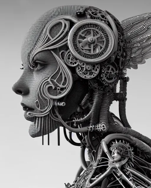 Image similar to mythical black and white organic bio-mechanical spinal ribbed profile face portrait detail of mechanical beautiful female angelic-vegetal-cyborg, highly detailed, intricate steampunk ornate, poetic, 3D render, digital art, octane render, 8K artistic photography, photo-realistic, by Dora Maar