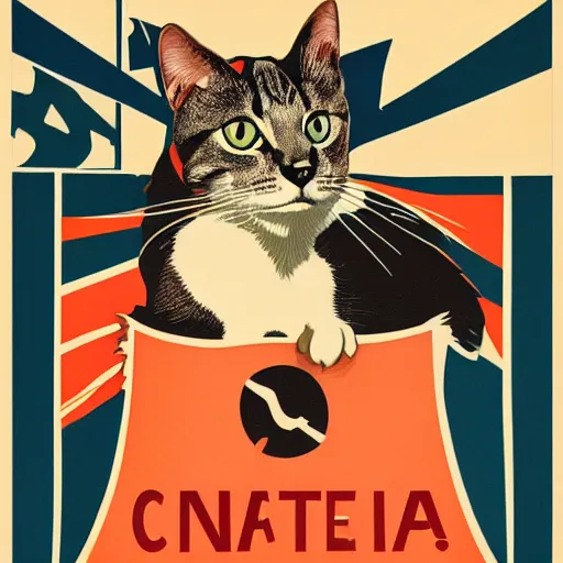 Image similar to propaganda poster with a cat as the centerpiece