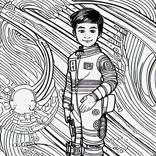 Image similar to clean simple line art of a cute little boy with short straight hair. he is dressed as an astronaut. no background. well composed, clean coloring book page, beautiful detailed face. coloring book line art by artgerm and greg rutkowski and johanna basford and alphonse mucha