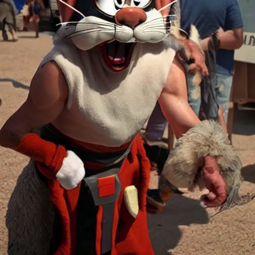 Image similar to Danny Trejo as Bugs Bunny from Looney Tunes, live action movie, set photo in costume, cosplay, photograph