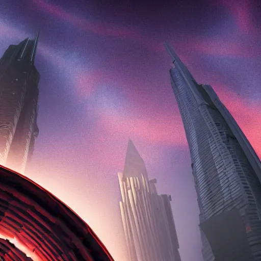 Prompt: surrounded by fumes, spaceships raced through the beautiful red sky, above the metallic remains of ancient times. rising above the dark grounds, gigantic, enlightened buildings stood, like hundreds of needles piercing the sky. those overwhelming skyscrapers seemed almost able to reach the stars as if trying to reveal the immensity of this unknown universe, blender render,