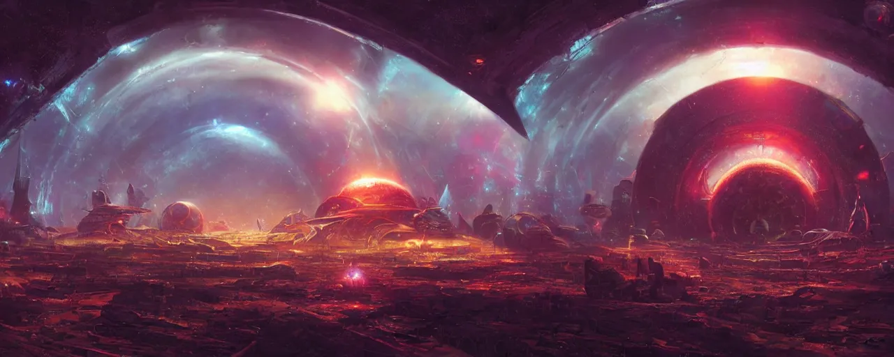 Image similar to ” planetary portal abandoned over open sky, [ art by paul lehr, cinematic, detailed, epic, widescreen, opening, establishing, mattepainting, photorealistic, realistic textures, octane render ] ”