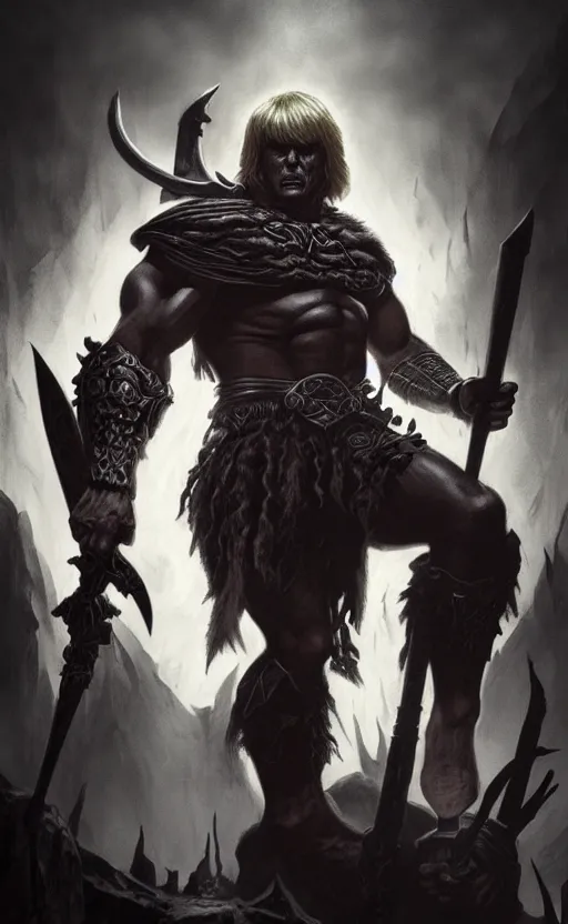 Image similar to uncut full boydy of he - man, dark and mysterious and eerie and ominous character, cinematic, epic, highly detailed, intricate, illustration, artwork by marcus whinney and greg rutkowski