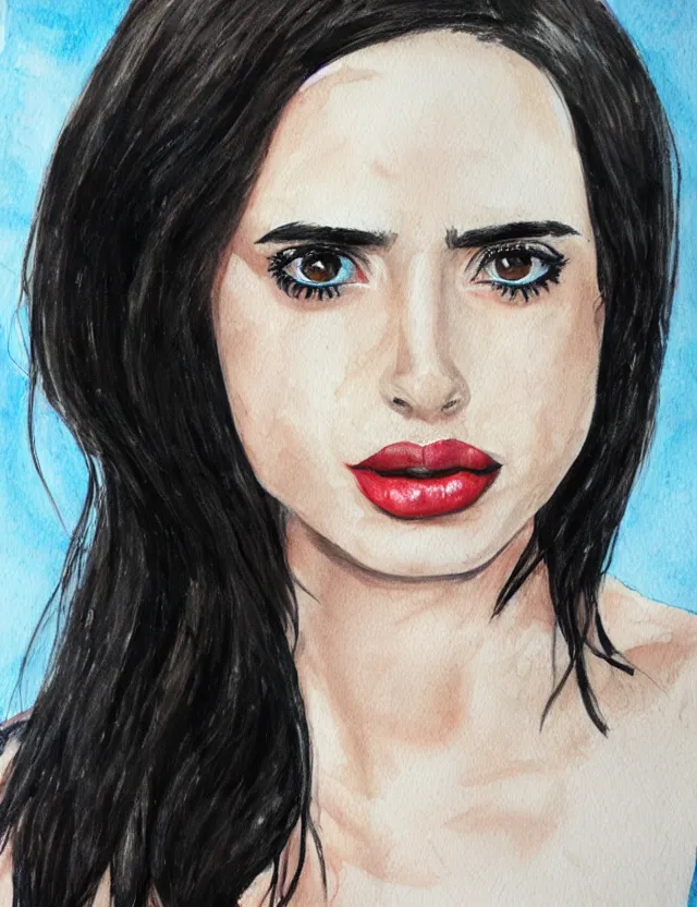 Prompt: portrait of a young krysten ritter as the black widow from marvel, beautiful eyes, aquarelle, realistic painting, freckles, 1 / 4 headshot