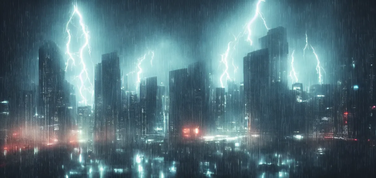 Image similar to shot of the roof with single man sitting on the edge during rain, below impressive cyberpunk night city during great rainy storm with lightning, nightscape, futuristic architecture, realistic photo, neons, blade runner, akira style, cinematic lighting, cinematic angles