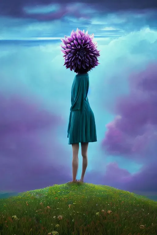 Prompt: closeup giant dahlia flower under head, girl standing on mountain, surreal photography, blue storm clouds, dramatic light, impressionist painting, digital painting, artstation, simon stalenhag