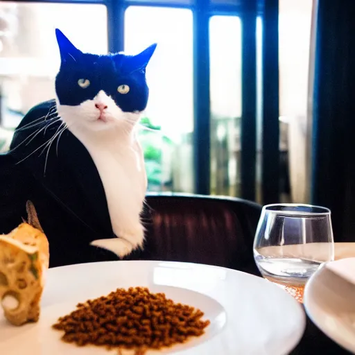 Image similar to A photo of a cat wearing a suit sitting in a fancy and expensive gourmet restaurant and eating a plate of cat food. f/2.8, dim lighting, award winning photo