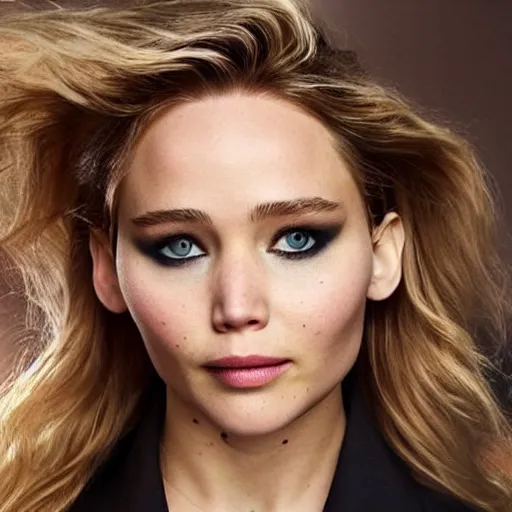 Image similar to a woman who is a genetic combination of jennifer lawrence and elizabeth olsen face and upper - body focus