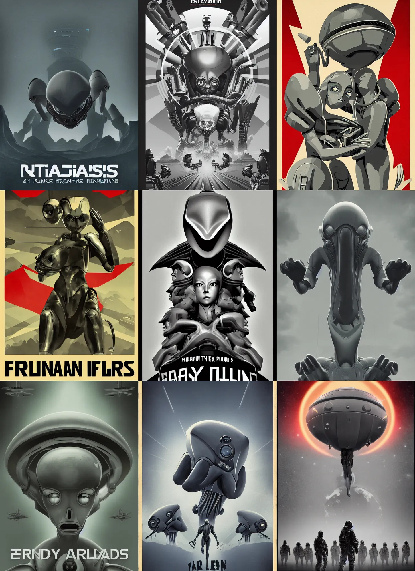 Prompt: propaganda poster of a grey aliens enslaving humans, overlords, ufo, digital art, trending on artstation, 4 k, masterpiece