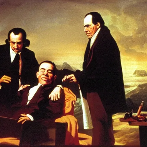 Prompt: an experiment on a bird in the air pump painting by joseph wright with richard nixon, hunter thompson, and bill murray