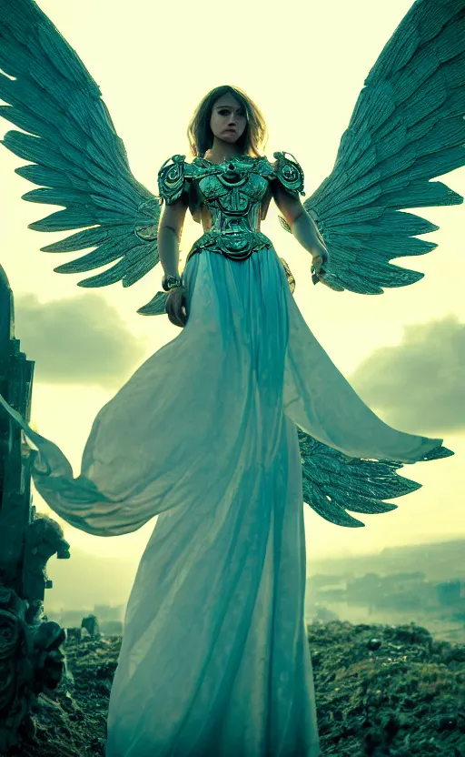 Image similar to angel, big wings, low key light, full plate armor with cloth, f 1 6, bokeh, medium portrait, gentle, female, ornate city ruins, landscape, d & d, fantasy, intricate, elegant, highly detailed, teal white gold color palette, roger deakins, sharp focus, greg rutkowski and alphonse mucha